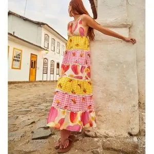 Farm Rio Mixed Picnic Cashew Maxi Dress